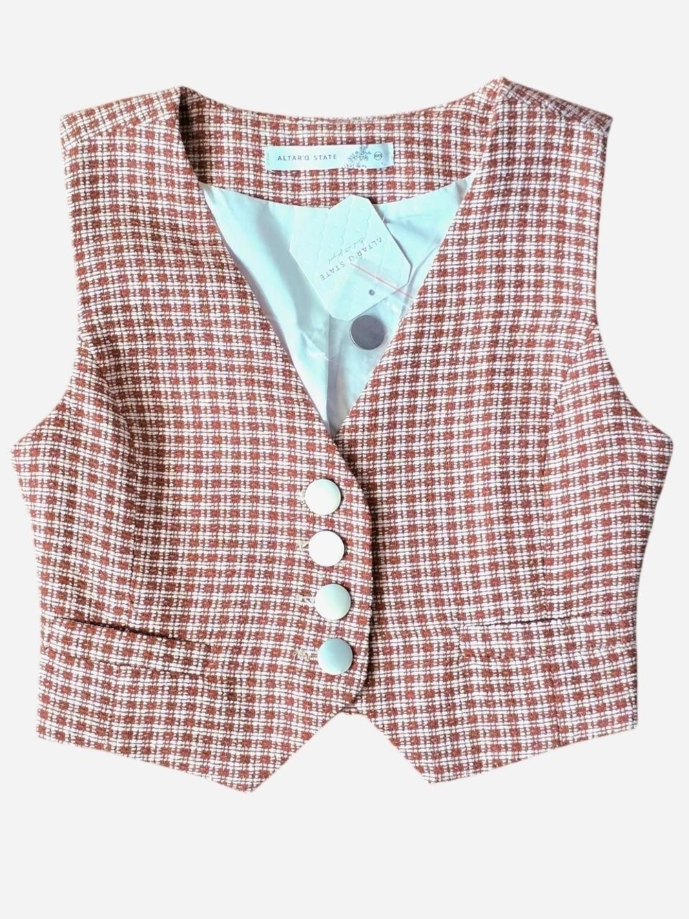 NWT Altar'd State Tweed Cropped Vest Ivory Rust Plaid Waistcoat XXS